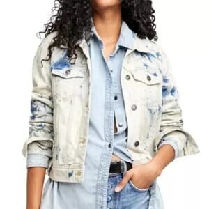 Free People Rumors Denim Jacket size S Jones Tie Dye Blue Pocket Button Up